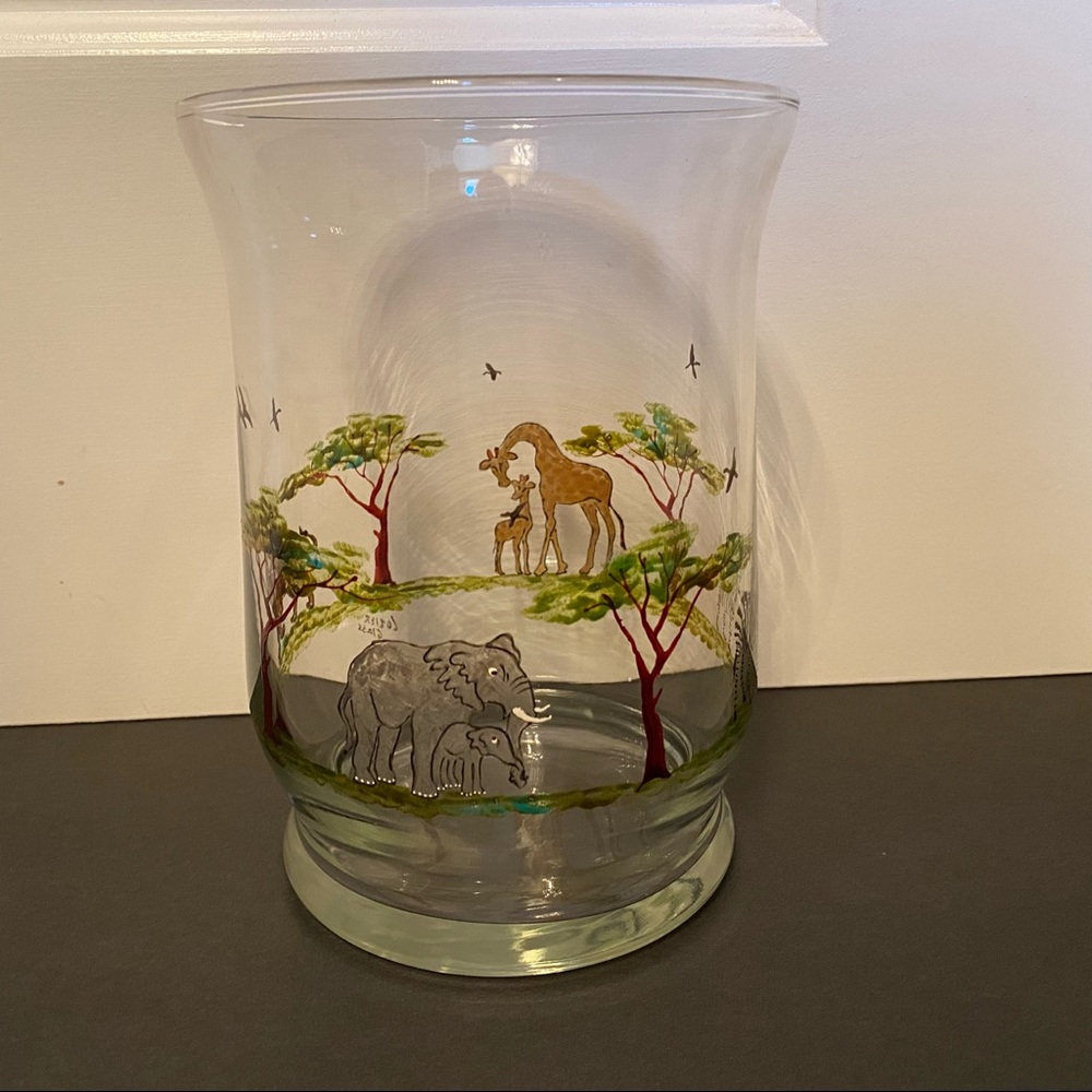LOZIER GLASS CANDLE HOLDER HAND PAINTED SAFARI ANIMALS 8” HIGH HOME ACCENT USA